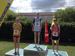 Left to right Skye Russell (Strathcona Edm), Mirelle Martens, and Nicole Kitt - Senior Womens 3000 podium at the 2014 ASAA Provincial Track and Field Championship